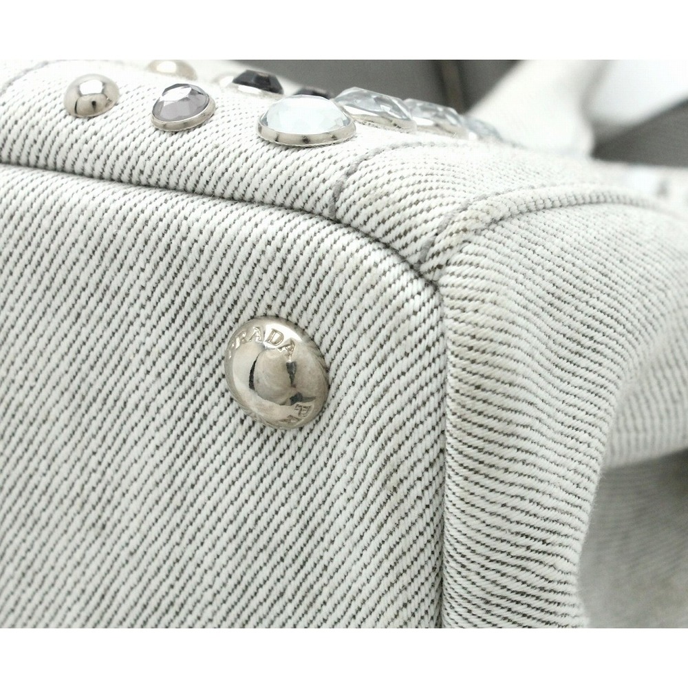 Prada Bijou Canapa Blue Denim Tote Bag Handbag Studded - Picture 3 of 9